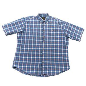 Scott Barber Short Sleeve Button Down Shirt Mens XL Blue Plaid 100% Cotton